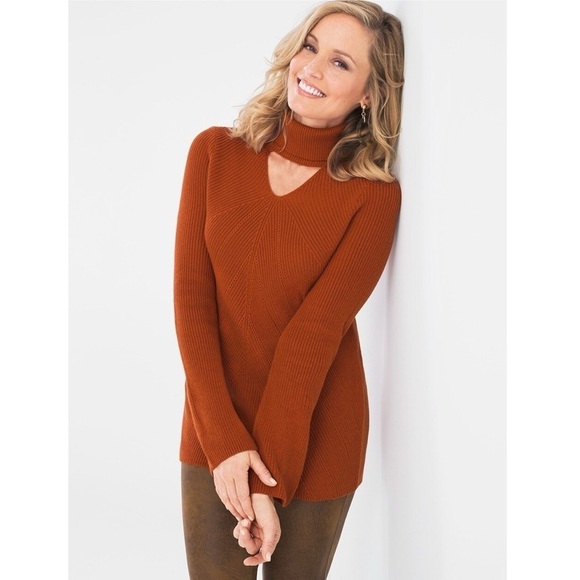 Chico’s Knit Turtleneck Sweater Burnt Orange Keyhole Front - Picture 1 of 13